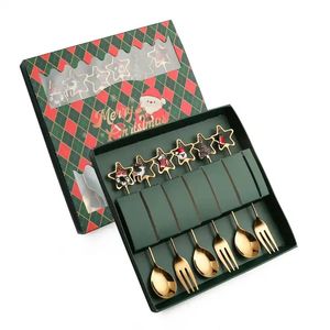 6 Pcs Stainless Steel Christmas Gift Spoon and Fork with Gift Box Golden Dinnerware Set with Ornament
