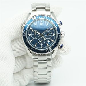 Blaues Zifferblatt, Meteruhr, 44 mm, Quarz-Chronograph, Taucheruhr, 600 m, Edelstahl, Glasrückseite, Sport-Meer-Herrenuhren226c