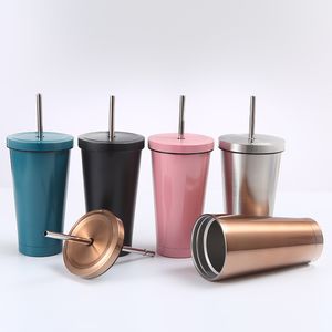 2023 New 304 stainless steel straw cup large capacity vacuum coffee cup portable car cup gift thermos cup