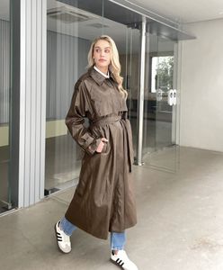 Women Trench Coats Autumn Design Designer Designer Skórzana maxi długa płaszcz z paskiem szykowny żeński pu wiatrówek klasyczny 230904