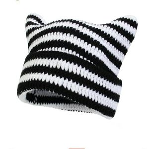 Y2K Japanese Streetwear Harajuku Beanie Little Devil Striped Knitted Hat Women Autumn Winter Bonnet Cute Cat Ears Cap GC2274