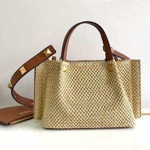 Stro Tote Bag Klinknagel Portemonnee Geweven Dames Schoudertassen Mode Handtassen Interieur Ritsvak Echt Lederen Crossbody Tassen Boodschappentassen