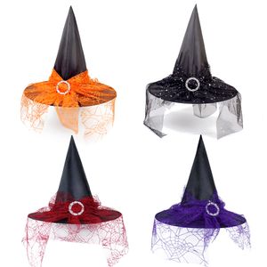 Cappello di Halloween, oggetti di scena per decorazioni da strega, cosplay per adulti e bambini, rete da strega, copricapo, taff in poliestere