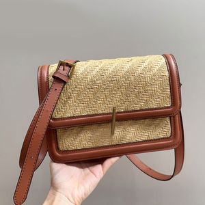 Straw Woven Shoulder Bag Gold Hardware Letter Buckle Flap Messenger Purse Women Handbag Adjustable Leather Shoulder Strap High Quality Lady Clutch