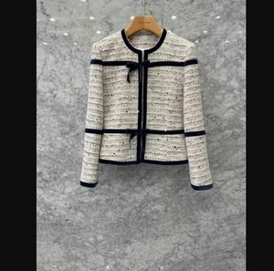 Women's autumn new cute bow patchwork paillette sequined shinny tweed color block coat jacket SMLXLXXL