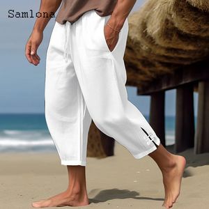 Mensbyxor Män elegant mode spänne manschett linne fast vit ankelängd byxa plus storlek casual dragstring sweatpants 230904