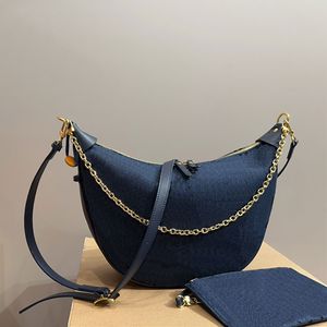 Denim Half Moon Bag Handtaschen Große Kapazität Umhängetaschen Frauen Reißverschluss Umhängetasche Abnehmbare Kette Leder Schultergurt Mode Einkaufstasche Clutch Wallets