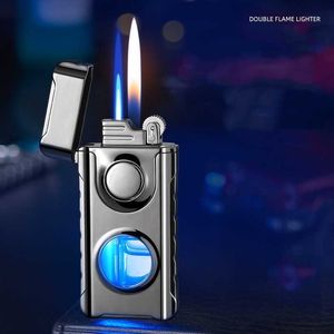 New Metal Windproof Double Jet Flame Butane No Gas Lighter Transparent Oil WindowLED Blue Light Originality Personalized JFUZ