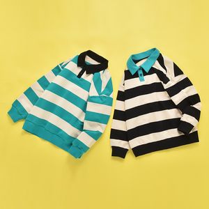 Hoodies Sweatshirts Cotton Fat Kids Fashion Top Boys Polo Collar Sweater Autumn Children's Korean College Strip Label Pullover 230904