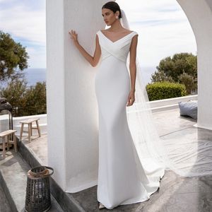 Elegant Long Crepe V-Neck Wedding Dresses Sleeveless Mermaid Ivory Buttons Back Vestidos de Novia Abendkleider Bridal Gowns With Pleats for Women
