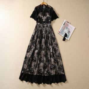 2023 Autumn Black Floral Lace Panelled Dress Short Sleeve Round Neck Long Maxi Casual Dresses S3S020831