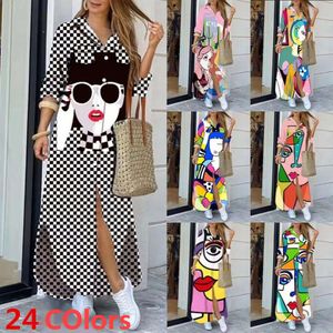 Retail Spring Autumn Women Maix Dresses Printed Sleeved Casual Dress Button Pocket Long kjol 24 färger