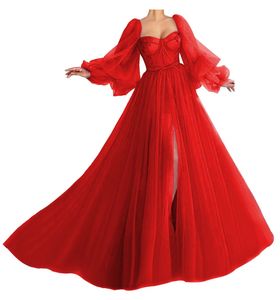 Long Sweety Side Split Long Sleeve Formal Evening Dresses Prom Party Gowns Applices Sweetheart Tulle Ball Gown Plus Size E03