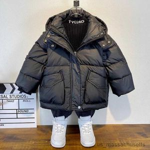 Casaco para baixo 2-12y moda meninos casaco de inverno crianças jaqueta preto verde grosso quente para baixo roupas crianças zíper com capuz outerwear r230905