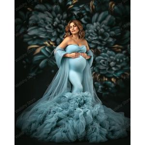 Off Shoulders Stretchy Spandex Fabric Maternity Dress Tiered Ruffles Pleated Bottom Tulle Mermaid Robes Train Vestito