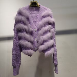 Mulheres pele falsa outono malha cardigan com listra real moda feminina manga longa geuine para botão jaqueta 230904