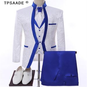 Conjunto de roupas de palco com aro azul real branco para homens, conjunto de ternos de casamento, noivo, smoking, jaqueta formal, calças, colete tie253k