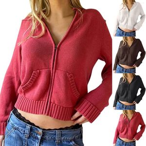 Women's Hoodies Autumn And Winter Zip Up Long Sleeve Crop Hoodie Womens Sweatshirts Ribbed Knit Cropped Sweater Pullovers Short Jackets