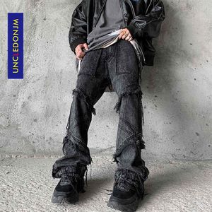 Unkledonjm Hip Hop Flare Jeans Men Odzież szeroką nogę Streetwear Black Goth Ubrania na UZ69230D