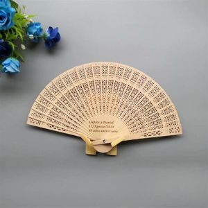 Party Favor 50PCS Personalized Wedding Fan Favors Wooden Hollow Out Sandalwood With Organza Bag Customized Folding Hand Engrave Lo2628