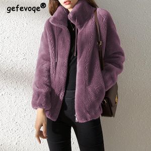 Mulheres pele do falso inverno de alta qualidade pelúcia grosso casaco quente casual solto gola casaco feminino zip up cardigan jaqueta 230904