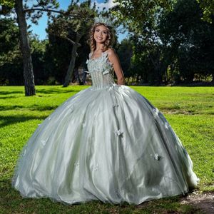 Luz verde brilhante cinta de espaguete vestido de baile vestidos quinceanera para meninas frisado arco aniversário rendas até voltar vestidos de festa