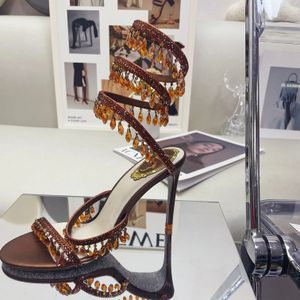 Rene Caovilla Chandelier Crystal-embelled Sandals Leather Stiletto Heels Evening Shoes Women Heeled Luxury Designers Ankel Wraparound Shoes