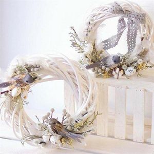 Dekoratif çiçekler beyaz çelenk hasır yuvarlak tasarım Noel ağacı rattan çelenk süsleme asma yüzük dekorasyon ev partisi asma286u