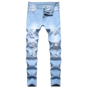 Erkek kot pantolon beyaz orta yüksek bel streç denim pantolon yırtılmış ince sıska katlama erkekler jean rahat moda kişilik pant3006