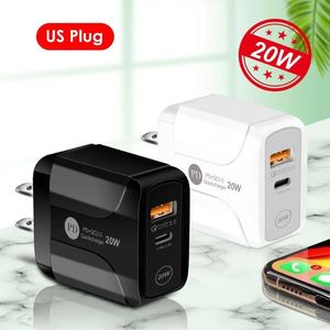 Type-C 20W PD och QC 3.0 Dual Ports USB PD 20W Fast Wall Charger With Us EU UK Plug Charging för iPhone 15 14 13 Pro Max iPad Xiaomin Huawei Mobiltelefonladdare