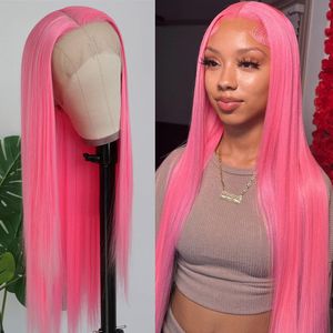 Pink Lace Front Wig Long Straight Hair Heat Resistant Synthetic Wigs for Women