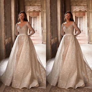 Abito da sposa con paillettes scintilizzanti con treno staccabile a v manica lunga manica lunga abiti da sposa senza schienale su misura per la schiena vestido de nolia