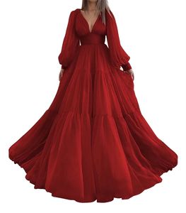 Long Sweety Long Sleeve Formal Evening Dresses Prom Party Gowns Deep V-Neck Tulle Ball Gown Plus Size E05