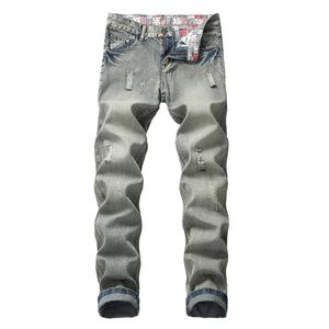 Erkek denim koşu pantolon erkekler sıkıntılı kot pantolon büyük boyutlu serin erkek tasarımcı yırtılmış moda236m