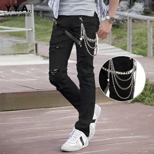 Straße Loch Zerrissene Jeans Männer Mode 2020 Ketten Dünne Denim Bleistift Hosen Persönlichkeit Nieten Punk Schwarz Weiß Zipper Hose1255x