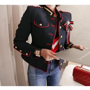 New Spring Women's Fashion Long Sleeve Stand Stand Twice Single Breadged Color Block Navy Style Slim Jeist Jacket Coat Smlxl290H