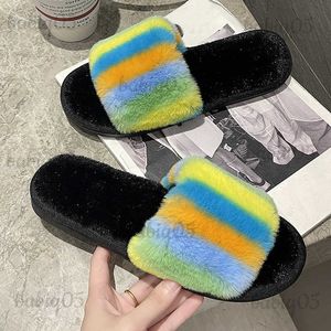 Slippers Fashion Designer Home Flat Women Rainbow Slipper 2023 Fluffy Fur Plush Slide Winter Female Flip Flops Open Toe Mysiga inomhusskor Babiq05