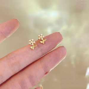 Stud Earrings Cute Simulated Pearl Small Flower For Women Simple Gold Color Ear Jewelry Tiny Floral Earings Aretes De Mujer