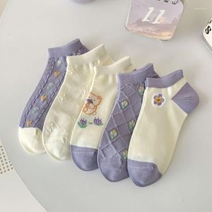 Women Socks 2023 Spring Charming Pruple Casual Florals Embroidery Ankle Sock For Girls Cotton Breathable Sox 10 Pairs