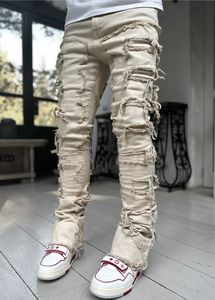 Jeans roxos para homens jeans se encaixam em manchas empilhadas angustiadas destruídas calças de jeans reta Roupas de rua estriadas patch jeans retas de perna b5bx 283