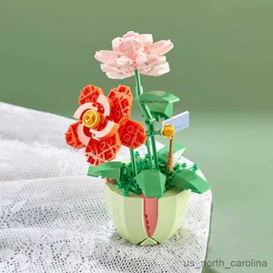 Block Building Block Bouquet Model Home Decoration Plant Potted Chrysanthemum Rose Flower Assembly Brick Toy For Gril Gift R230905