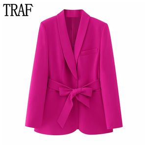 Kvinnors kostymer blazers traf fuchsia tuxedo blazer kvinna bälte knappjacka Kvinnor långärmad rakt för streetwear 230904