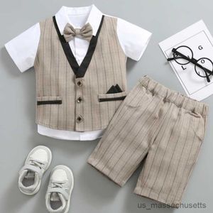 Down Coat Småbarn pojkar nackstil Little Gentleman Stripe Party Wedding Suit Front Shirt Shorts Vest Jacket R230905