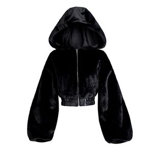 Women FUR FUAX Autumn Winter Rabbit Bomber Teddy Płaszcz Zamek Streetwear High talia Furry z kapturem Pluszowa kurtka Cardigan Parkas 230904