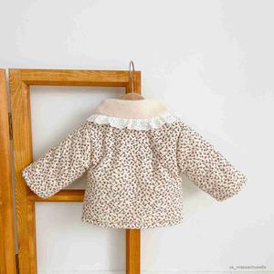 Para baixo casaco moda bebê menina roupas de inverno jaqueta grossa gola de cordeiro infantil criança criança quente floral casaco bebê outwear algodão 0-3y r230905