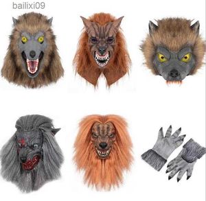 Party Masks Anime Werewolf Masks Halloween Latex Rubber Cosplay Wolf Head Hair Mask Werewolf Gloves Costume Party Scary Decor Costumes T230905