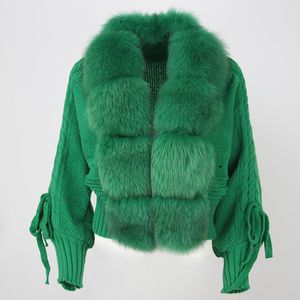 Женская зимняя натуральная куртка из искусственного меха с натуральным воротником, модная повседневная короткая теплая свободная вязаная куртка, однотонная верхняя одежда 230904