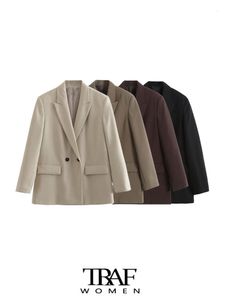 Kvinnors kostymer blazers traf kvinnor mode dubbel bröstig passande blazer kappa vintage långärmad fickor kvinnliga ytterkläder chic veste femme 230904