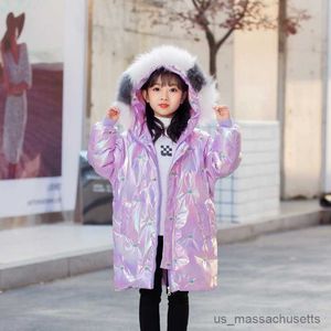 Down Coat Autumn Winter Children's Mid-length Thick Down Jacket Girls Bright Face Collar White Down Coats Kids Hooded Warm Parkas R230905