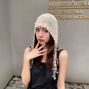 Beanie/Skull Caps High Quality Women Hat All Seasons Sticked Beanie Hat Lady Crochet Pearl Skullies Beanies Vintage Female Tassels Beanies 230905